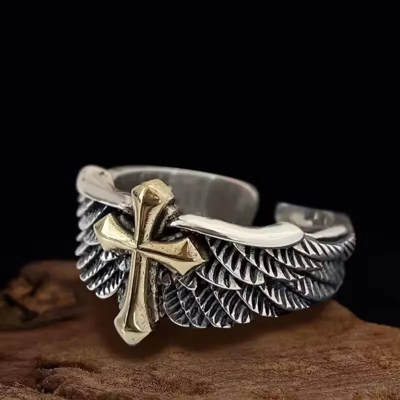 Gothic Angel Wing Cross Statement Ring