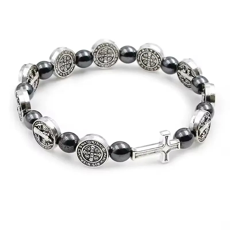 Saint Benedict Hematite Beaded Rosary Bracelet