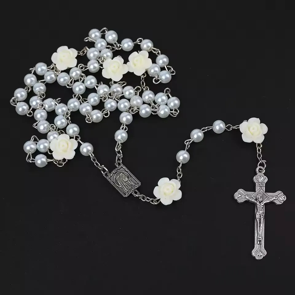 Elegant White Rose &amp; Pearl Rosary