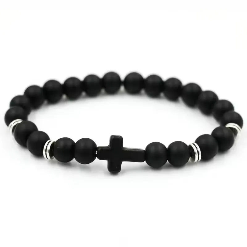 Minimalist Matte Black Cross Beaded Bracelet
