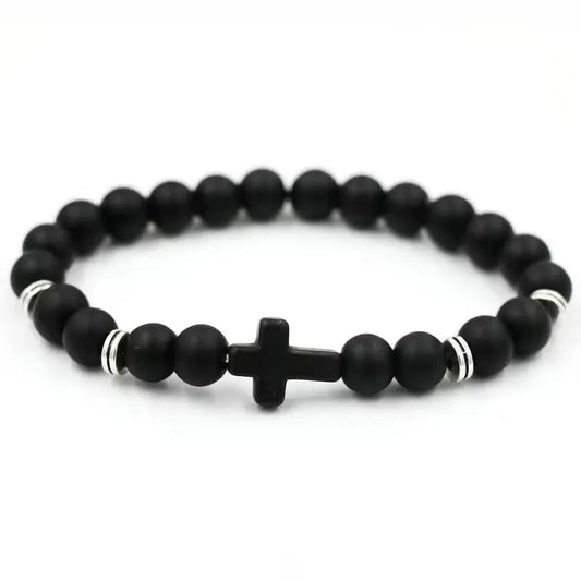 Minimalist Matte Black Cross Beaded Bracelet