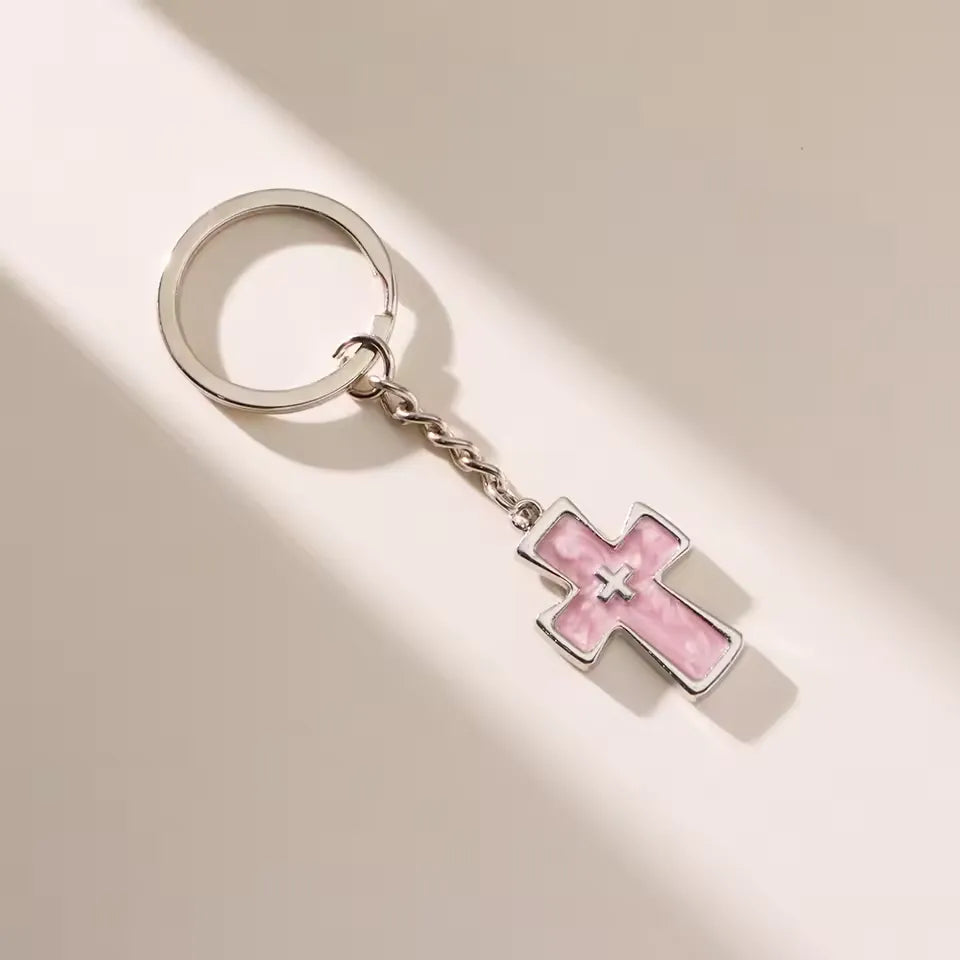 Elegant Pink Marble Cross Keychain