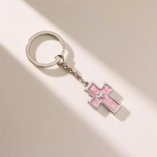 Elegant Pink Marble Cross Keychain
