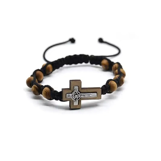 Natural Olive Wood Beads Crucifix Rosary Bracelet