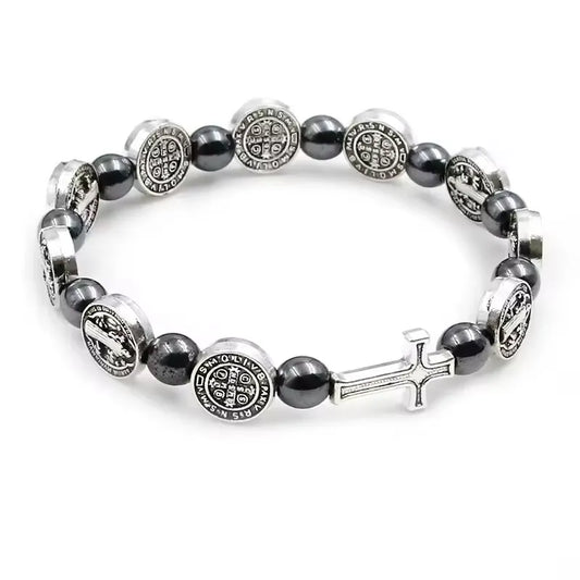 Saint Benedict Hematite Beaded Rosary Bracelet